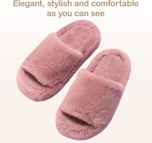 Women's Fuzzy Slippers Cross Band Memory Foam House Slippers Open Toe Plush Comfy Faux Fur Lined Slide Shoes Anti-Skid Sole in Saudi Arabia