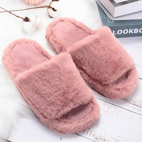 Women's Fuzzy Slippers Cross Band Memory Foam House Slippers Open Toe Plush Comfy Faux Fur Lined Slide Shoes Anti-Skid Sole in Saudi Arabia