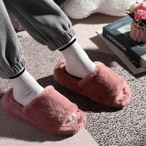 Women's Fuzzy Slippers Cross Band Memory Foam House Slippers Open Toe Plush Comfy Faux Fur Lined Slide Shoes Anti-Skid Sole in Saudi Arabia