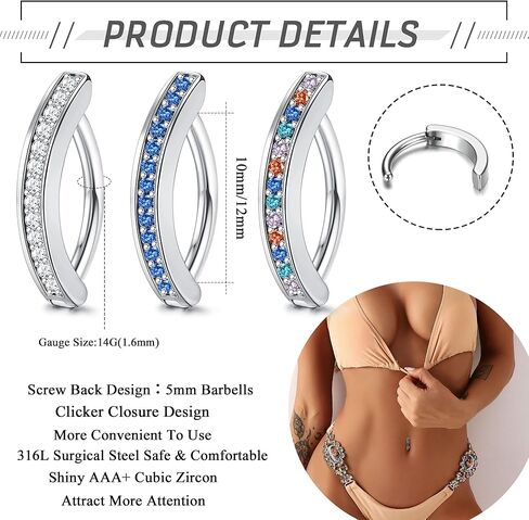 Fansilver 14G الفرس البطن زر خواتم حلقات البطن للنساء لطيف صغير هوب الجراحية الصلب حلقات زر البطن بسيطة عكس السرة ثقب المجوهرات زركون ثقب البطن المجوهرات in Kuwait