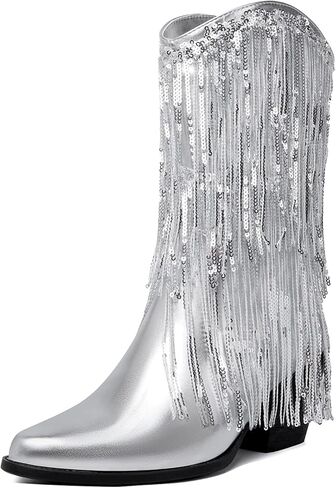 HEIFIN أحذية معدنية هامش للنساء بريق كاوبوي أحذية راعية البقر أشار تو كعب مكتنز سباركلي منتصف الساق الأحذية in Kuwait