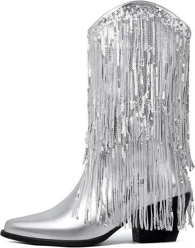 HEIFIN أحذية معدنية هامش للنساء بريق كاوبوي أحذية راعية البقر أشار تو كعب مكتنز سباركلي منتصف الساق الأحذية in Kuwait