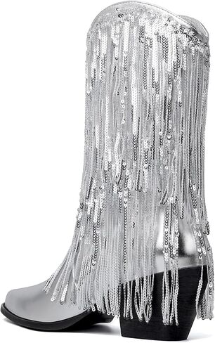 HEIFIN أحذية معدنية هامش للنساء بريق كاوبوي أحذية راعية البقر أشار تو كعب مكتنز سباركلي منتصف الساق الأحذية in Kuwait