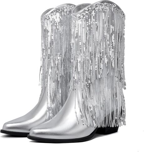 HEIFIN أحذية معدنية هامش للنساء بريق كاوبوي أحذية راعية البقر أشار تو كعب مكتنز سباركلي منتصف الساق الأحذية in Kuwait