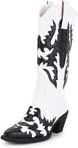 ANN CREEK Women's 'Claremont' Sexy Cowboy Boots Mid Calf Knee-high Patchwork Dressy Cowgirl Western Woman Chunky Heel Pointed Toe Trendy Knee High Tall Boots in Saudi Arabia