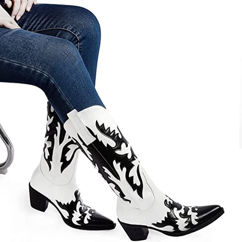 ANN CREEK Women's 'Claremont' Sexy Cowboy Boots Mid Calf Knee-high Patchwork Dressy Cowgirl Western Woman Chunky Heel Pointed Toe Trendy Knee High Tall Boots in Saudi Arabia
