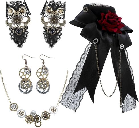 Crowye 5 Pcs Steampunk Jewelry Set Steampunk Mini Top Hat Floral Lace Steampunk Wristband Steampunk Gear Earrings and Necklace for Women Halloween Steampunk Accessories in Saudi Arabia