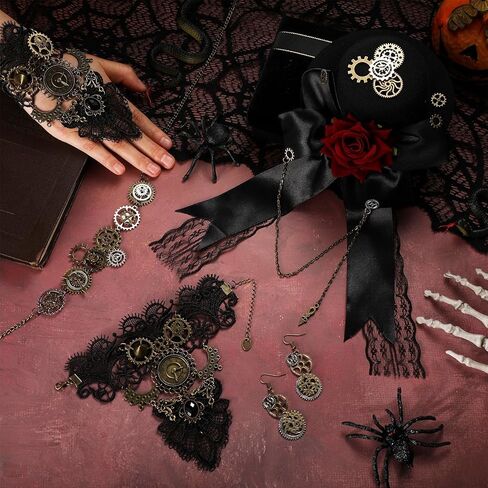 Crowye 5 Pcs Steampunk Jewelry Set Steampunk Mini Top Hat Floral Lace Steampunk Wristband Steampunk Gear Earrings and Necklace for Women Halloween Steampunk Accessories in Saudi Arabia