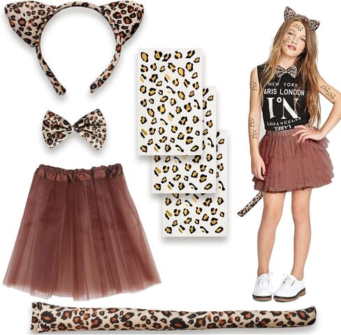 Luhiew Leopard Costume Suit, Headband Tie Tail Three Pieces Set With Leopard Tattoo Stickers and Brown Skirt in Kuwait