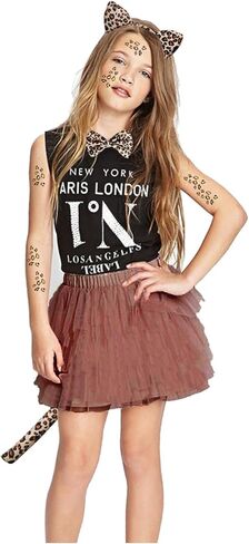 Luhiew Leopard Costume Suit, Headband Tie Tail Three Pieces Set With Leopard Tattoo Stickers and Brown Skirt in Kuwait