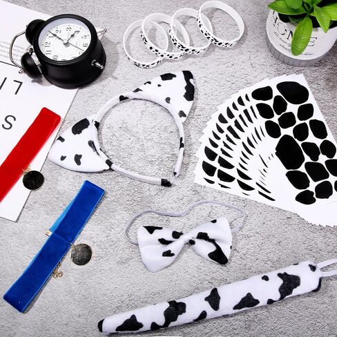 Siifert 32 Pcs Halloween Cow Dalmatian Costume Set Include Dog Ear Headband Bow Tie Tail Adhesive Felt Circles Black White Silicone Bracelet Velvet Choker for Cosplay Accessories Party Decoration in Saudi Arabia