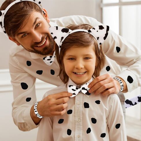 Siifert 32 Pcs Halloween Cow Dalmatian Costume Set Include Dog Ear Headband Bow Tie Tail Adhesive Felt Circles Black White Silicone Bracelet Velvet Choker for Cosplay Accessories Party Decoration in Saudi Arabia