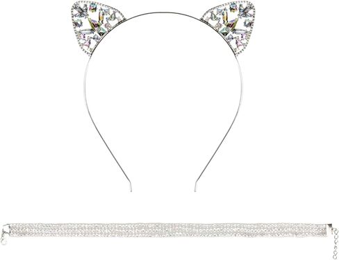Luhiew Silver Crystal Cat Ears Headband and Silver Chocker Necklace, Cute Animal Cosplay Cat Costume Accessories for Halloween Christmas Festival Theme Party in Kuwait