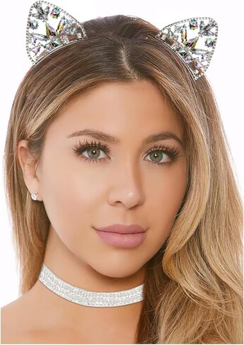 Luhiew Silver Crystal Cat Ears Headband and Silver Chocker Necklace, Cute Animal Cosplay Cat Costume Accessories for Halloween Christmas Festival Theme Party in Kuwait