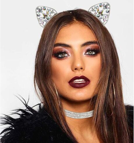 Luhiew Silver Crystal Cat Ears Headband and Silver Chocker Necklace, Cute Animal Cosplay Cat Costume Accessories for Halloween Christmas Festival Theme Party in Kuwait