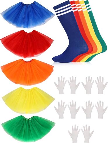 Ramede 15 Pcs Halloween Letter M Group Costumes Includes 4 Layered Tutu Skirts Colorful Striped Knee High Socks and White Cotton Gloves for Women in Saudi Arabia