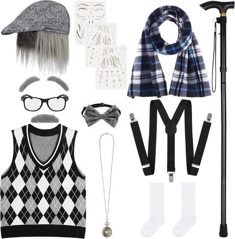 SOMSOC 15 قطعة 100 يوم من أزياء الجد المدرسية مجموعة للأولاد الرجل العجوز زي الجد مجموعة للأطفال المدرسة تأثيري الطرف in Kuwait