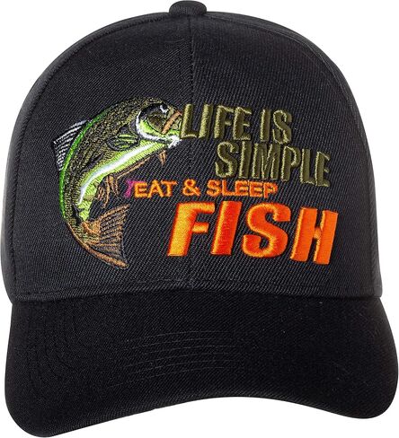 Life is Simple - Eat, Sleep, Fish Camo Hat - Funny Fishing Gift - 100% Cotton Embroidered Cap (Life is Simple, Black) in Saudi Arabia