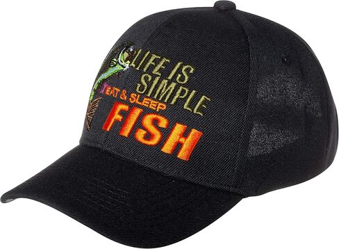 Life is Simple - Eat, Sleep, Fish Camo Hat - Funny Fishing Gift - 100% Cotton Embroidered Cap (Life is Simple, Black) in Saudi Arabia