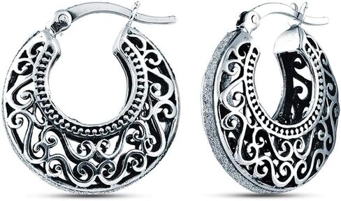 Charmsy 925 Sterling Silver Filigree Cut Click-Top Hoop Earrings for Women and Teens - Stylish and Lightweight Silver Jewelry in Kuwait
