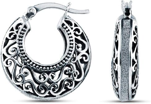 Charmsy 925 Sterling Silver Filigree Cut Click-Top Hoop Earrings for Women and Teens - Stylish and Lightweight Silver Jewelry in Kuwait