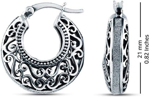 Charmsy 925 Sterling Silver Filigree Cut Click-Top Hoop Earrings for Women and Teens - Stylish and Lightweight Silver Jewelry in Kuwait