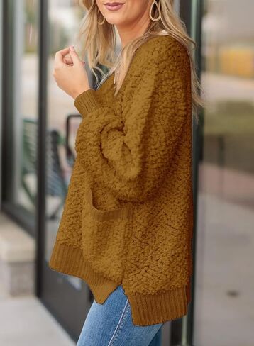 Dokotoo Women's 2023 Fashion Casual Pullover Sweaters Long Sleeve Solid Color Crew Neck Loose Popcorn Pocketed Tops in Saudi Arabia