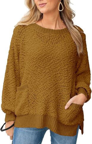 Dokotoo Women's 2023 Fashion Casual Pullover Sweaters Long Sleeve Solid Color Crew Neck Loose Popcorn Pocketed Tops in Saudi Arabia