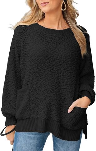 Dokotoo Women's 2023 Fashion Casual Pullover Sweaters Long Sleeve Solid Color Crew Neck Loose Popcorn Pocketed Tops in Saudi Arabia