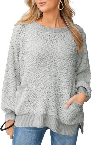 Dokotoo Women's 2023 Fashion Casual Pullover Sweaters Long Sleeve Solid Color Crew Neck Loose Popcorn Pocketed Tops in Saudi Arabia