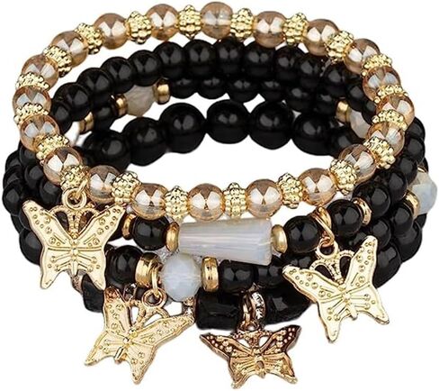 Hilufiet 4Pcs Set Bohemian Butterfly Crystal Stone Stretch Pendant Bracelets for Women Girls Gold Beaded Stackable Stretch Bracelet Colorful Charm Jewelry Summer Beach in Saudi Arabia
