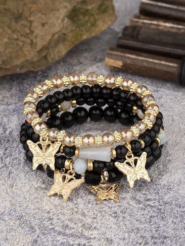 Hilufiet 4Pcs Set Bohemian Butterfly Crystal Stone Stretch Pendant Bracelets for Women Girls Gold Beaded Stackable Stretch Bracelet Colorful Charm Jewelry Summer Beach in Saudi Arabia