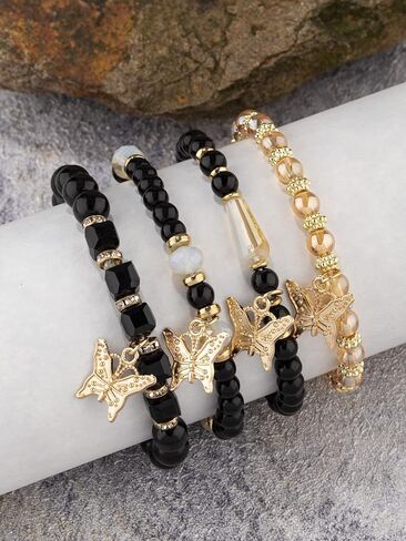 Hilufiet 4Pcs Set Bohemian Butterfly Crystal Stone Stretch Pendant Bracelets for Women Girls Gold Beaded Stackable Stretch Bracelet Colorful Charm Jewelry Summer Beach in Saudi Arabia