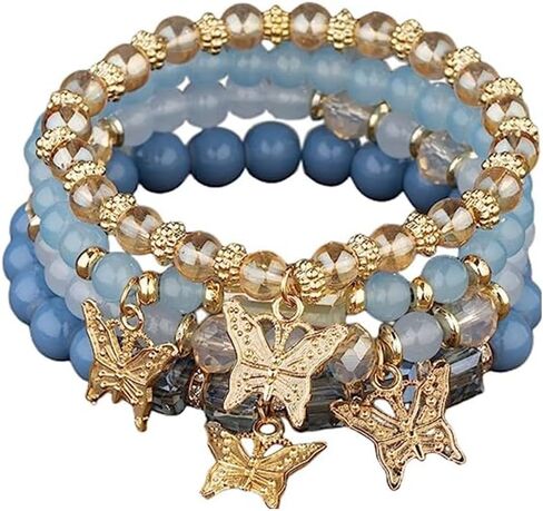 Hilufiet 4Pcs Set Bohemian Butterfly Crystal Stone Stretch Pendant Bracelets for Women Girls Gold Beaded Stackable Stretch Bracelet Colorful Charm Jewelry Summer Beach in Saudi Arabia