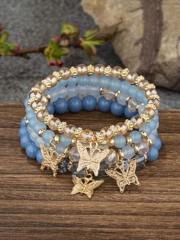 Hilufiet 4Pcs Set Bohemian Butterfly Crystal Stone Stretch Pendant Bracelets for Women Girls Gold Beaded Stackable Stretch Bracelet Colorful Charm Jewelry Summer Beach in Saudi Arabia