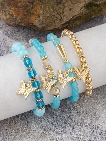 Hilufiet 4Pcs Set Bohemian Butterfly Crystal Stone Stretch Pendant Bracelets for Women Girls Gold Beaded Stackable Stretch Bracelet Colorful Charm Jewelry Summer Beach in Saudi Arabia