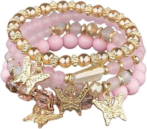Hilufiet 4Pcs Set Bohemian Butterfly Crystal Stone Stretch Pendant Bracelets for Women Girls Gold Beaded Stackable Stretch Bracelet Colorful Charm Jewelry Summer Beach in Saudi Arabia