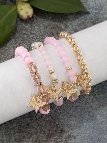 Hilufiet 4Pcs Set Bohemian Butterfly Crystal Stone Stretch Pendant Bracelets for Women Girls Gold Beaded Stackable Stretch Bracelet Colorful Charm Jewelry Summer Beach in Saudi Arabia