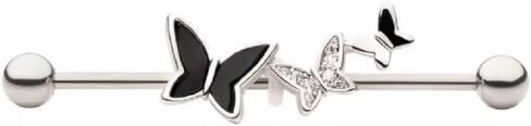 Pierced Owl 14GA 316L Stainless Steel CZ Crystal Triple Butterfly Industrial Barbell, Metal, cubic zirconia in Saudi Arabia