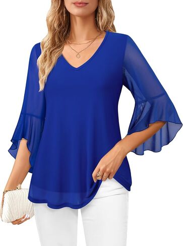 Lotusmile Women's Fancy Blouses Double Layers Mesh Dressy Tops 3/4 Ruffle Bell Sleeve Shirts in Saudi Arabia
