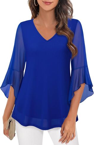 Lotusmile Women's Fancy Blouses Double Layers Mesh Dressy Tops 3/4 Ruffle Bell Sleeve Shirts in Saudi Arabia