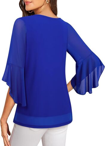 Lotusmile Women's Fancy Blouses Double Layers Mesh Dressy Tops 3/4 Ruffle Bell Sleeve Shirts in Saudi Arabia