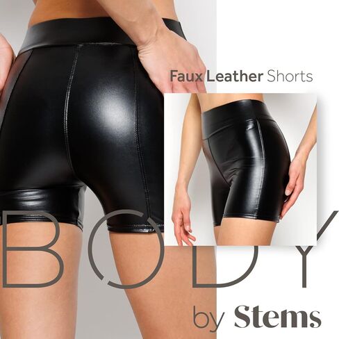 شورت من الجلد الصناعي من Body By Stems - شورت عالي الخصر من الجلد الصناعي باللون الأسود اللامع أو غير اللامع للنساء - شورت من الجلد الصناعي in Kuwait