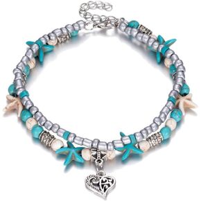 TTPAIAI 30 Blue Starfish Turtle Anklet for Women Girl Multilayer Charm Beads Sea Handmade Boho Anklet Foot Jewelry