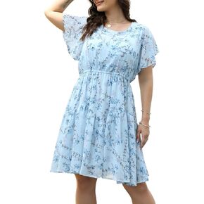 Nemidor Womens Casual Plus Size Summer Boho Chiffon Print Midi Skater Dress with Ruffle Sleeve NEM297