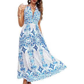 SPORLIKE Women V-Neck Long Dress Cut Out Bohemian Sundress Tropical Bodycon Maxi Dress