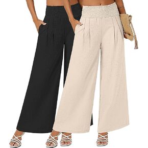 Neer 2 Pcs Women Linen Palazzo Pants Smocked High Waist Wide Leg Lounge Pants Casual Boho Beach Pants Trousers with Pocket in Saudi Arabia