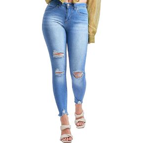YMI Women's Junior Wannabettabutt Repreve Mid-Rise Ankle Jeans with Frayed Hem in Kuwait