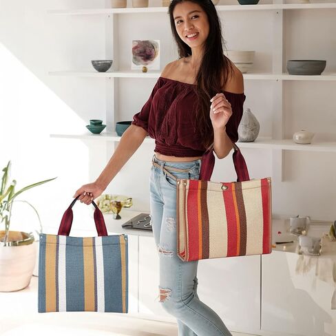 Tote Bag Hobo Bag for Women, Canvas Shoulder Bag Chic Handbag, Satchel Large Crossbody Bag Color Contrast Stripe in Kuwait