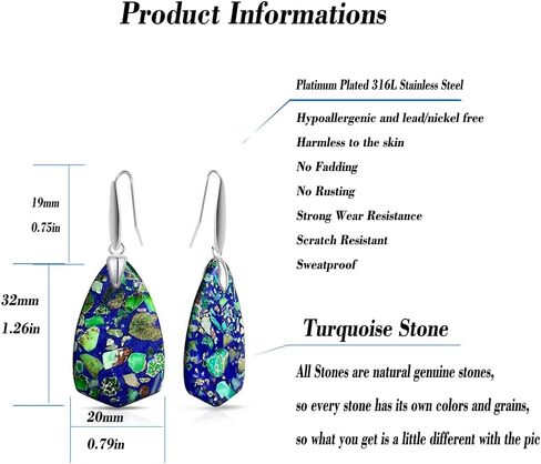 MYLYAHY أقراط متدلية من الأحجار الكريمة الطبيعية الأصلية، قطرة الماء الفاخرة النادرة والشفاء من رواسب البحر جاسبر واليشب الإمبراطوري والفيروز أقراط متدلية من حجر الفيروز، السلام الداخلي للتأمل والتوازن الأرضي والصحة العقلية الطبيعية من حجر الكوارتز الكريس in Kuwait